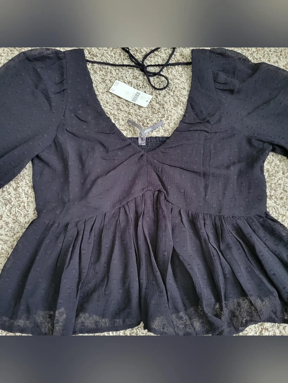 Anthropologie Blouse Shirt Top Black Swiss Dot Gauze Babydoll Sheer Small NWT
